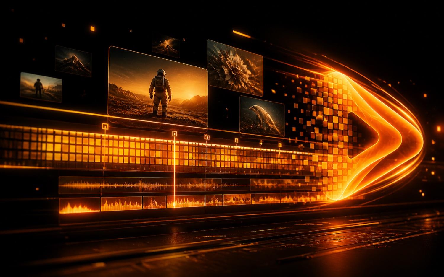 Orange video timeline with floating AI video preview frames