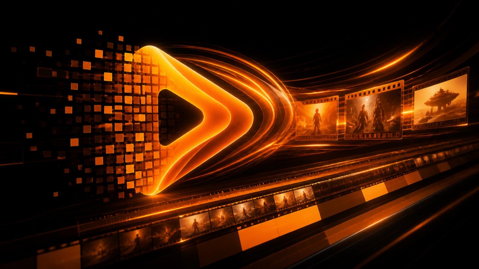 Glowing orange pixel play shape moving through AI video frames